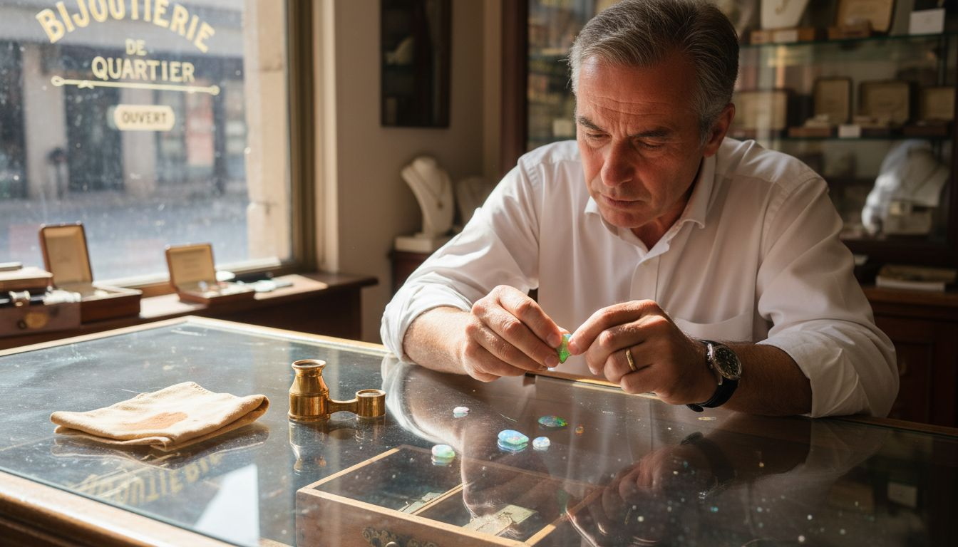 Un bijoutier observe attentivement des opales derrière le comptoir de sa boutique.