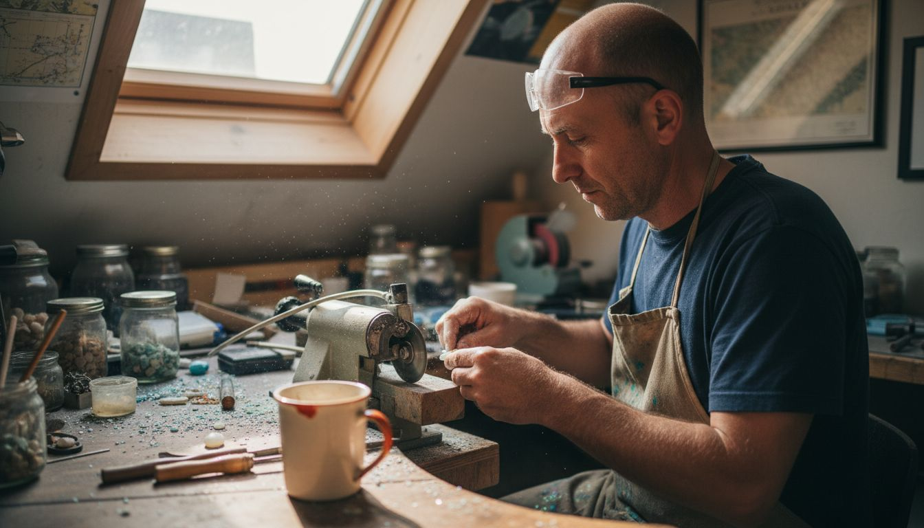 Artisan slicing opal at cluttered worktable