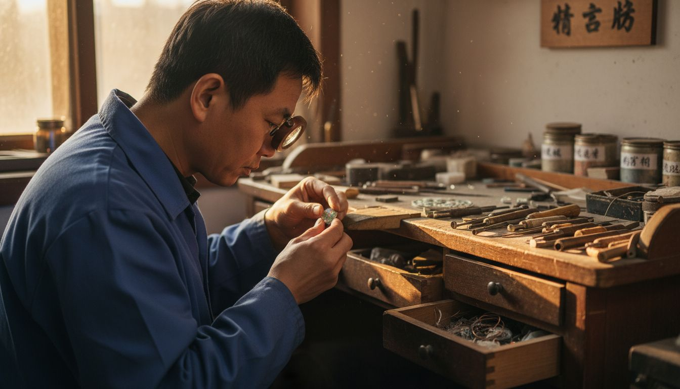 一位珠宝匠人正聚精会神地在工作台上精雕细琢每一件作品。