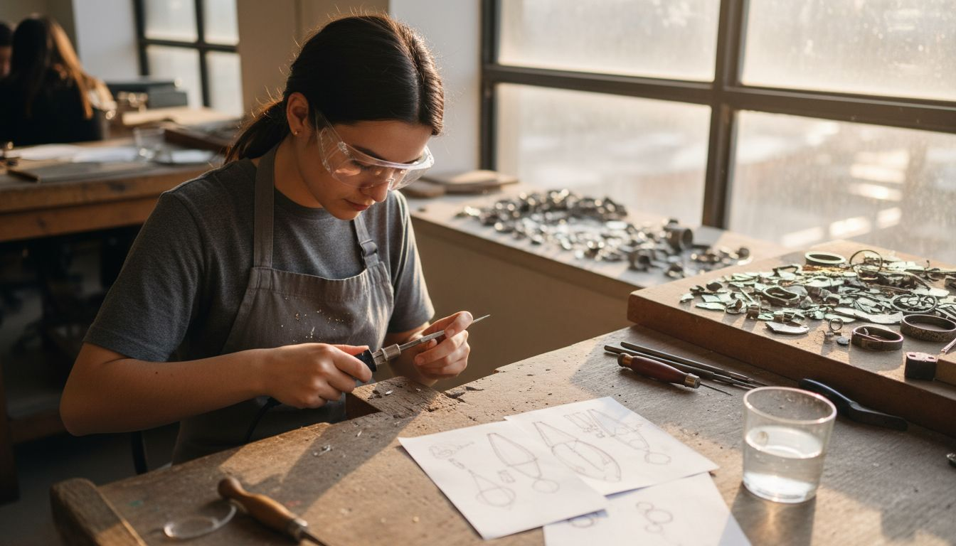 一位女工匠正在专心练习珠宝焊接，不断打磨自己的手艺。