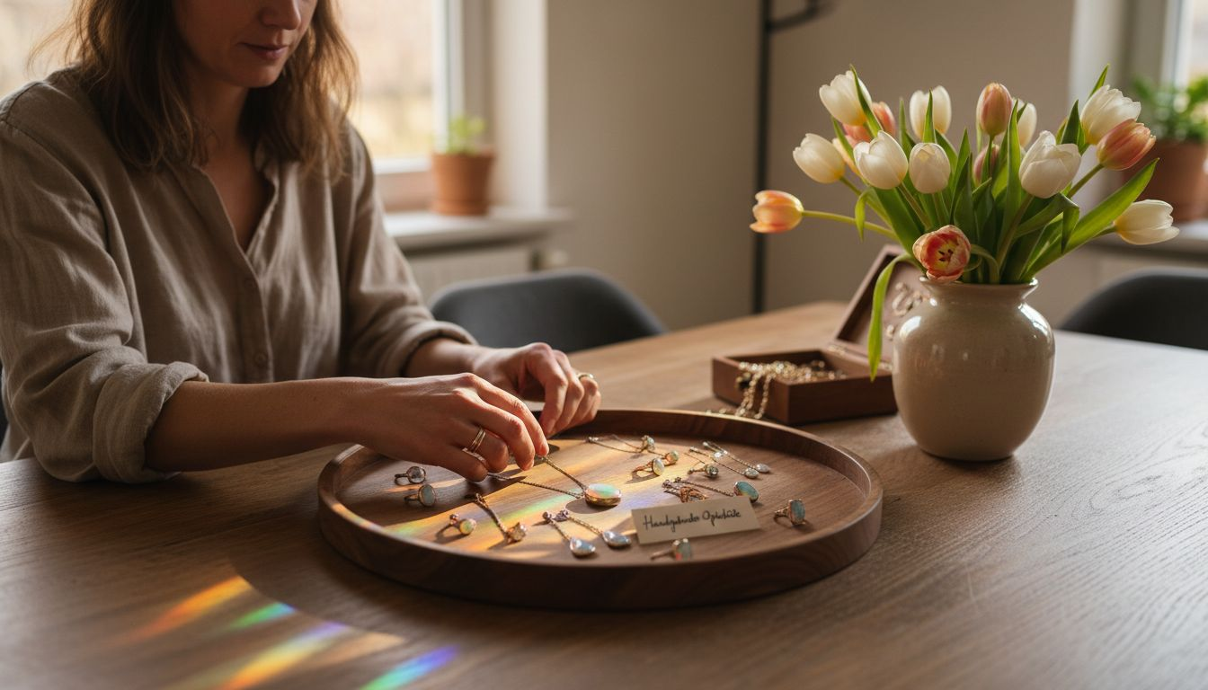 Eine Frau ordnet Opalschmuck sorgfältig auf einem Tisch an.