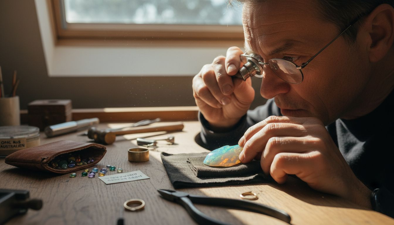 Ein Juwelier begutachtet einen Opal sorgfältig an seinem Arbeitstisch.