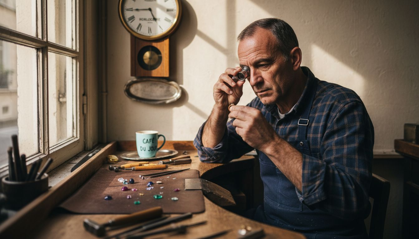 Dans son atelier, un bijoutier passionné inspecte minutieusement une bague pour s’assurer de sa qualité.