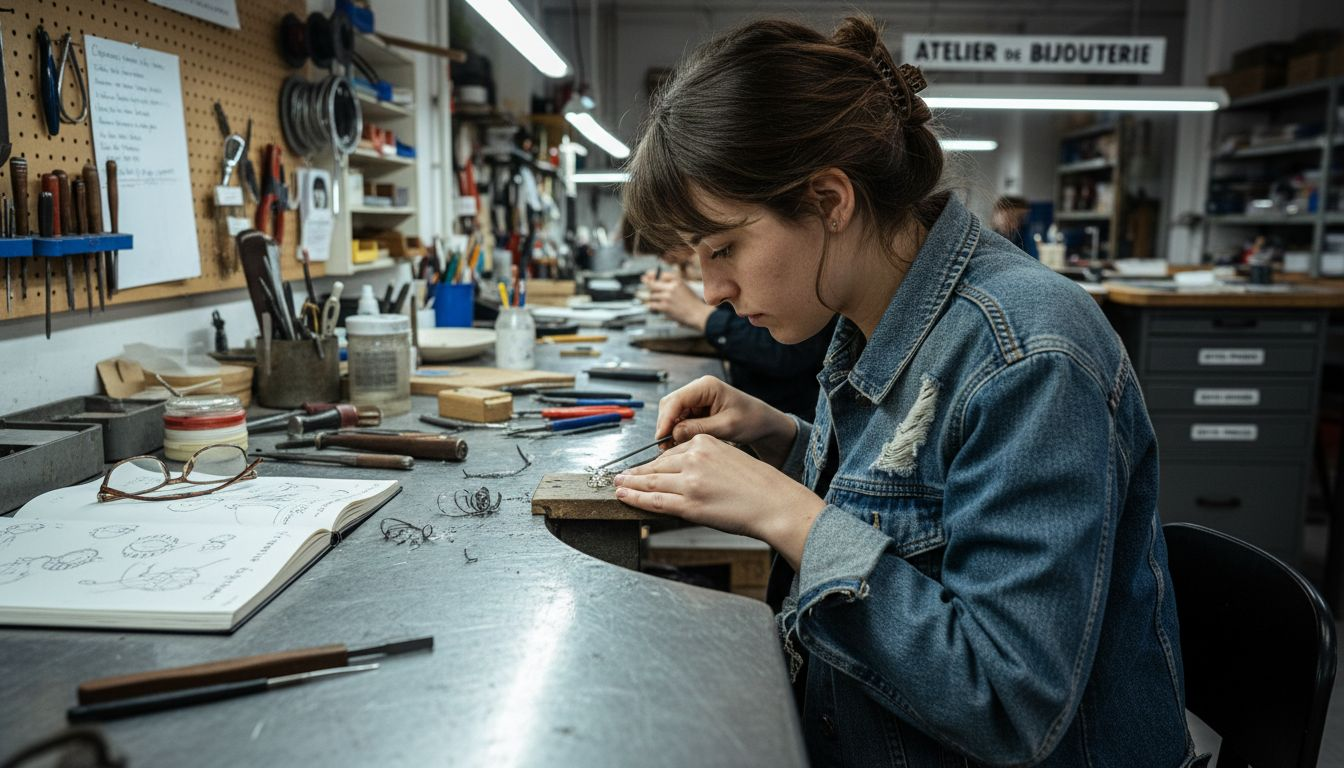 Une jeune créatrice de bijoux en plein travail sur un pendentif en argent.