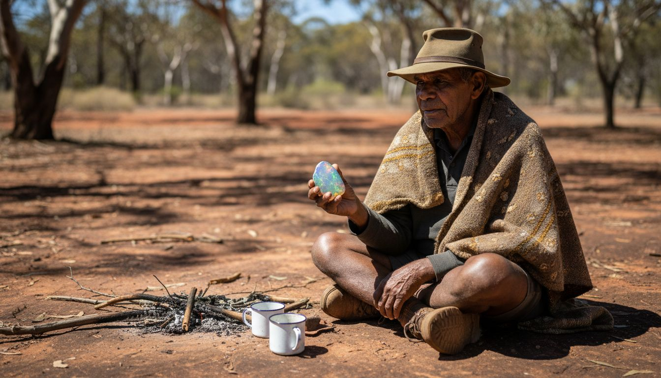 Aboriginal elder holding opal in bushland