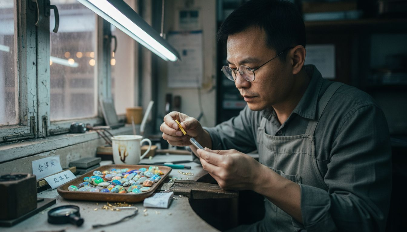 工匠正在细心挑选黄金和欧泊，用于打造精美的首饰。