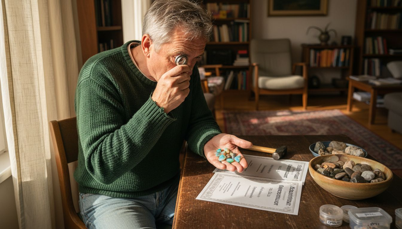 Ein begeisterter Opalsammler begutachtet seine Edelsteine ganz in Ruhe zu Hause.