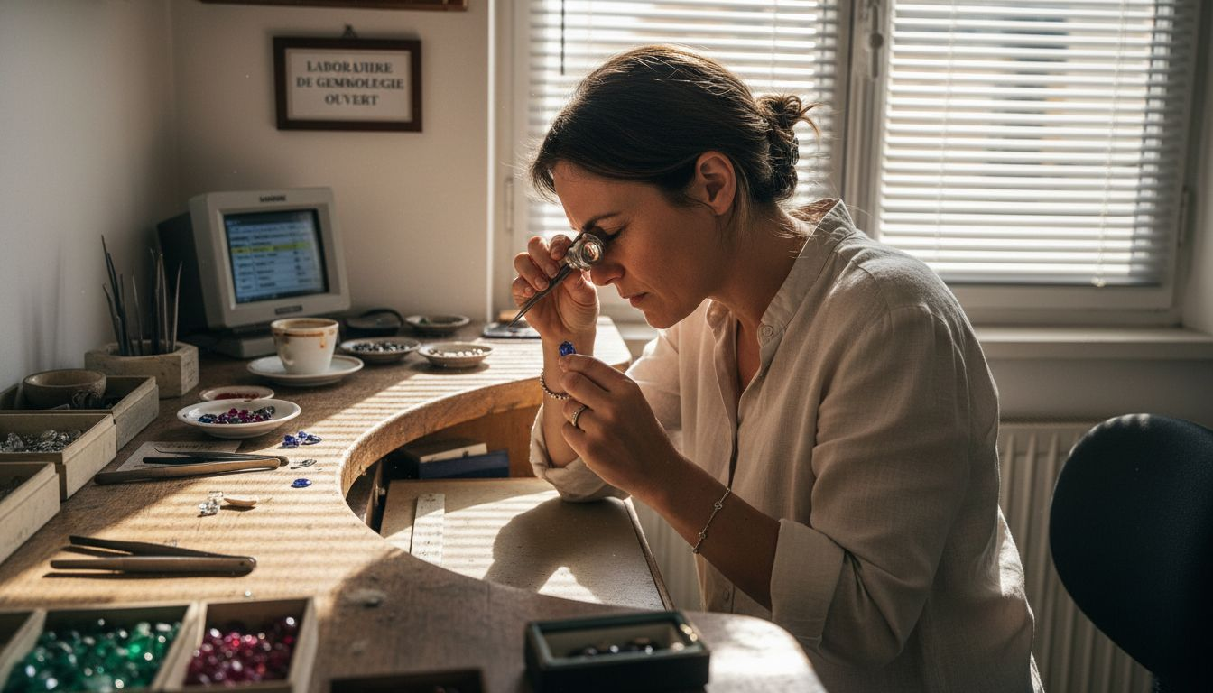 Un expert en gemmologie examine minutieusement un saphir afin d’en vérifier l’authenticité.