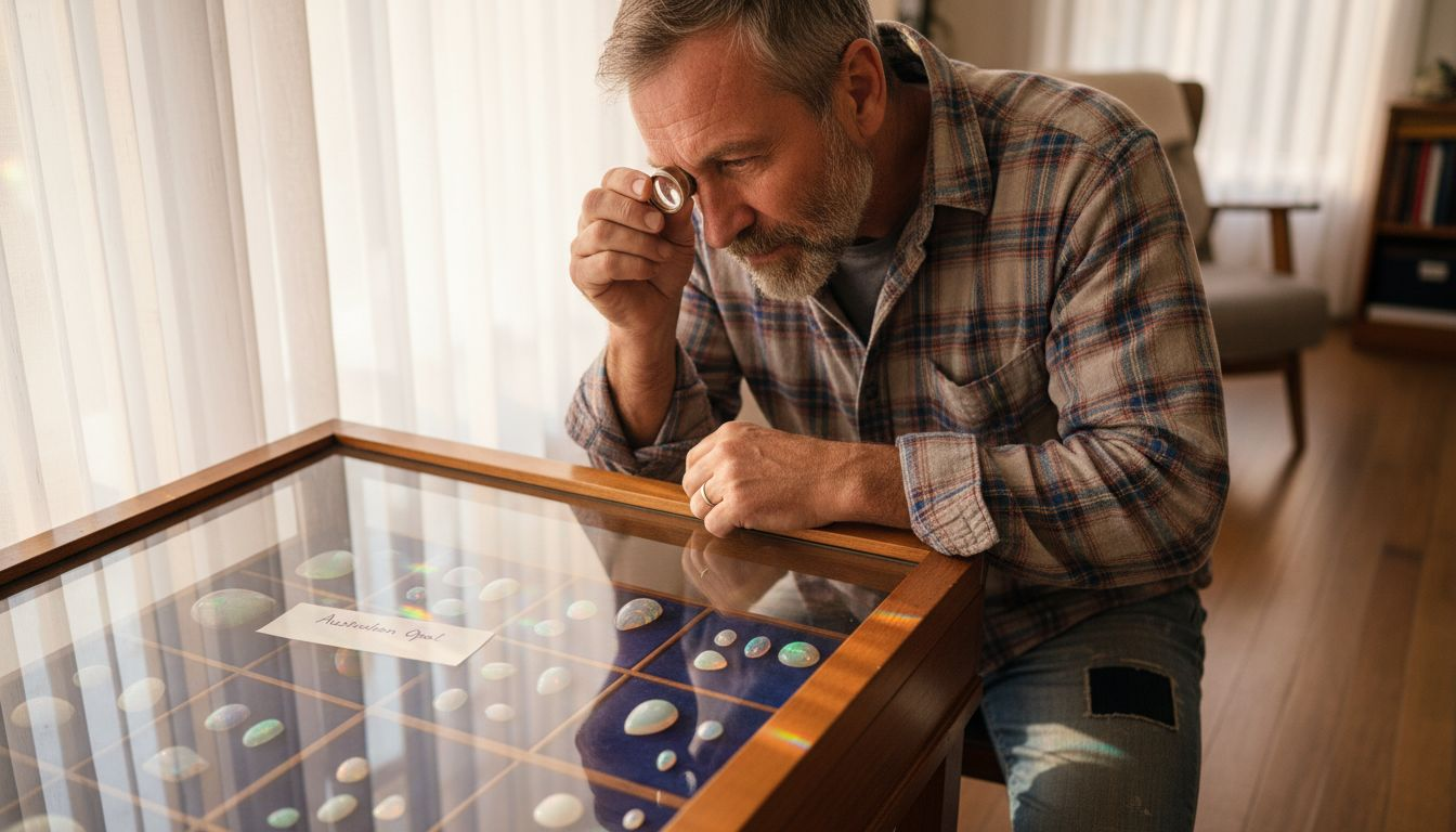 Collector inspecting opal triplet display