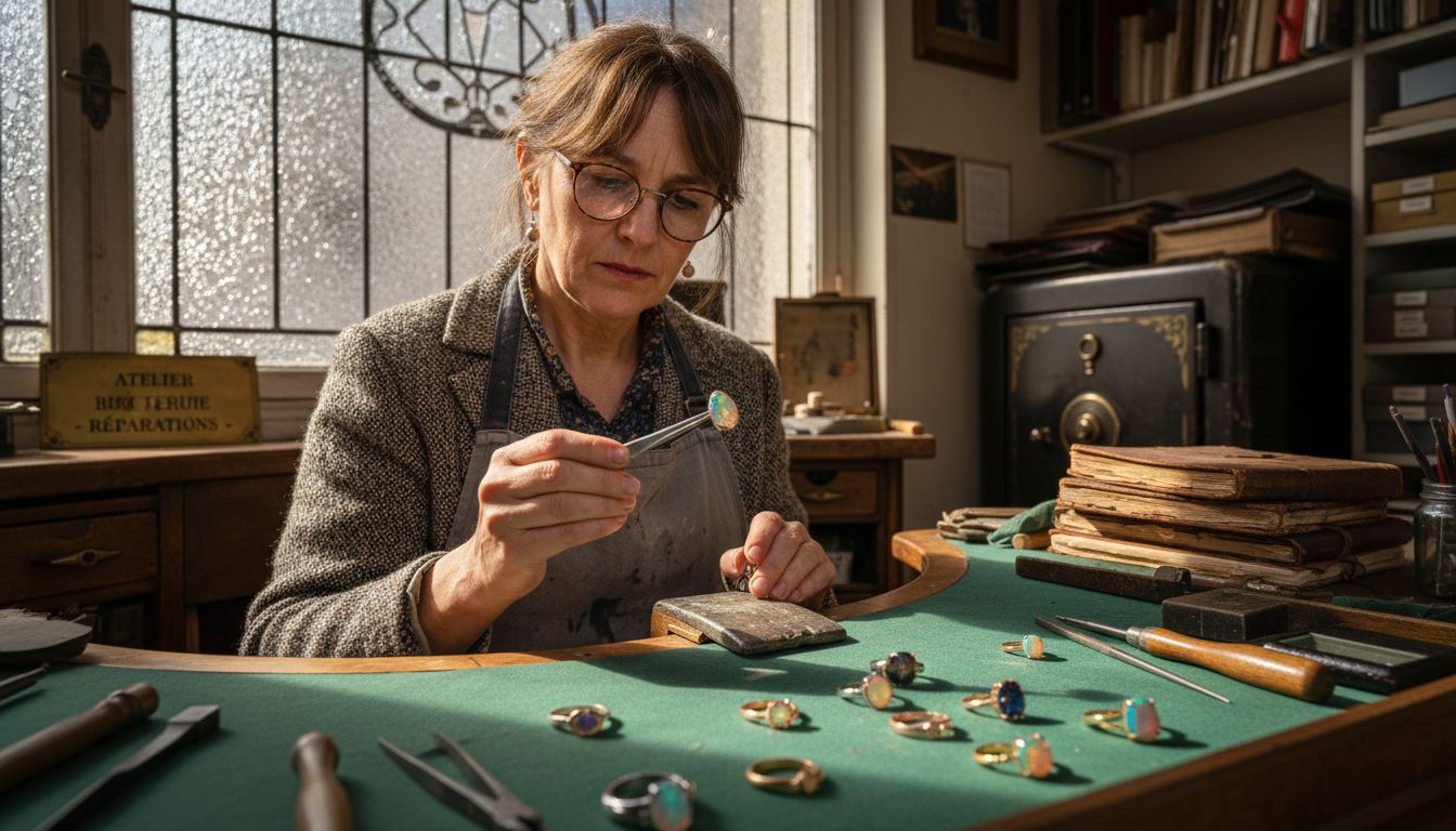 Un joaillier examine différentes montures pour mettre en valeur des opales.