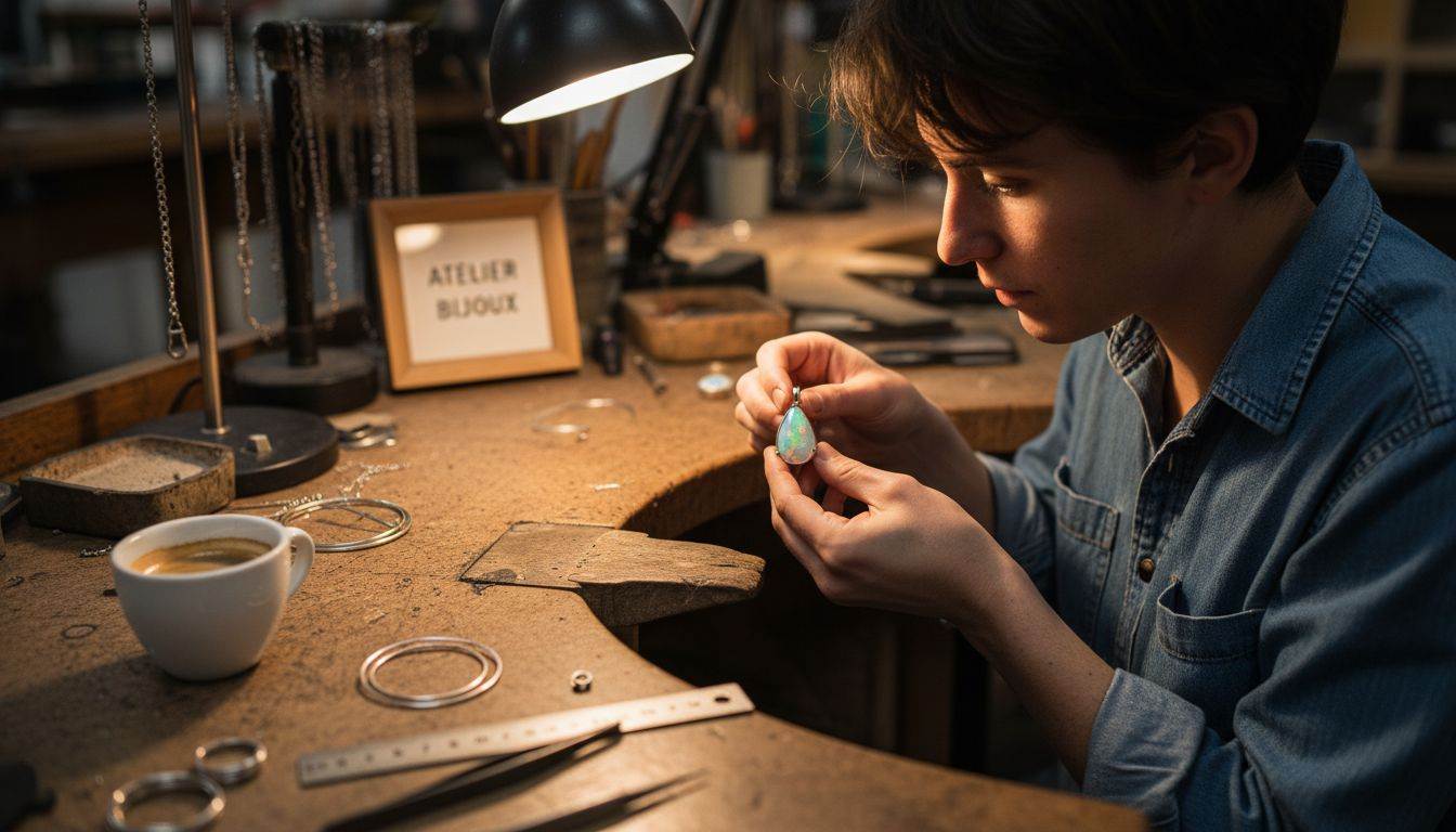 Un artisan examine avec soin un pendentif en platine orné d'une opale.