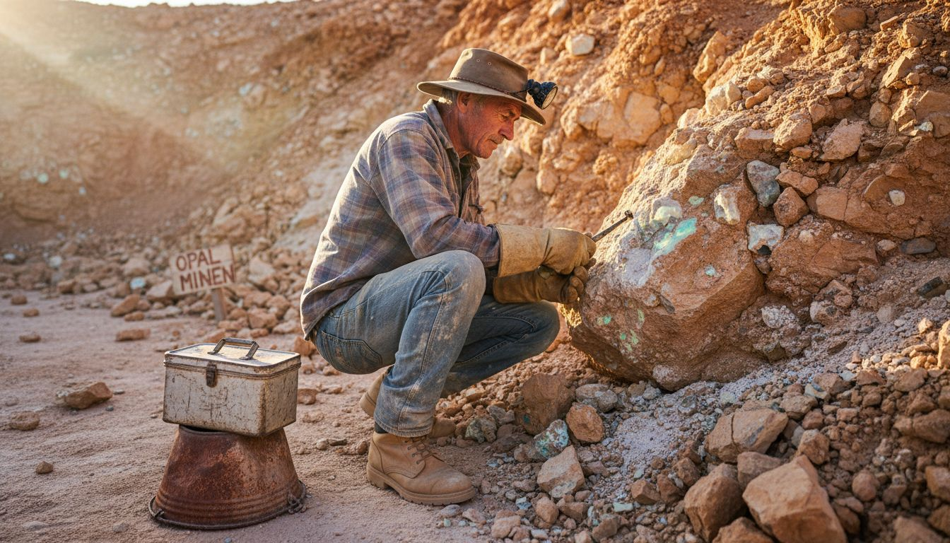 Ein Minenarbeiter begutachtet einen Opal direkt am Fundort in Australien.