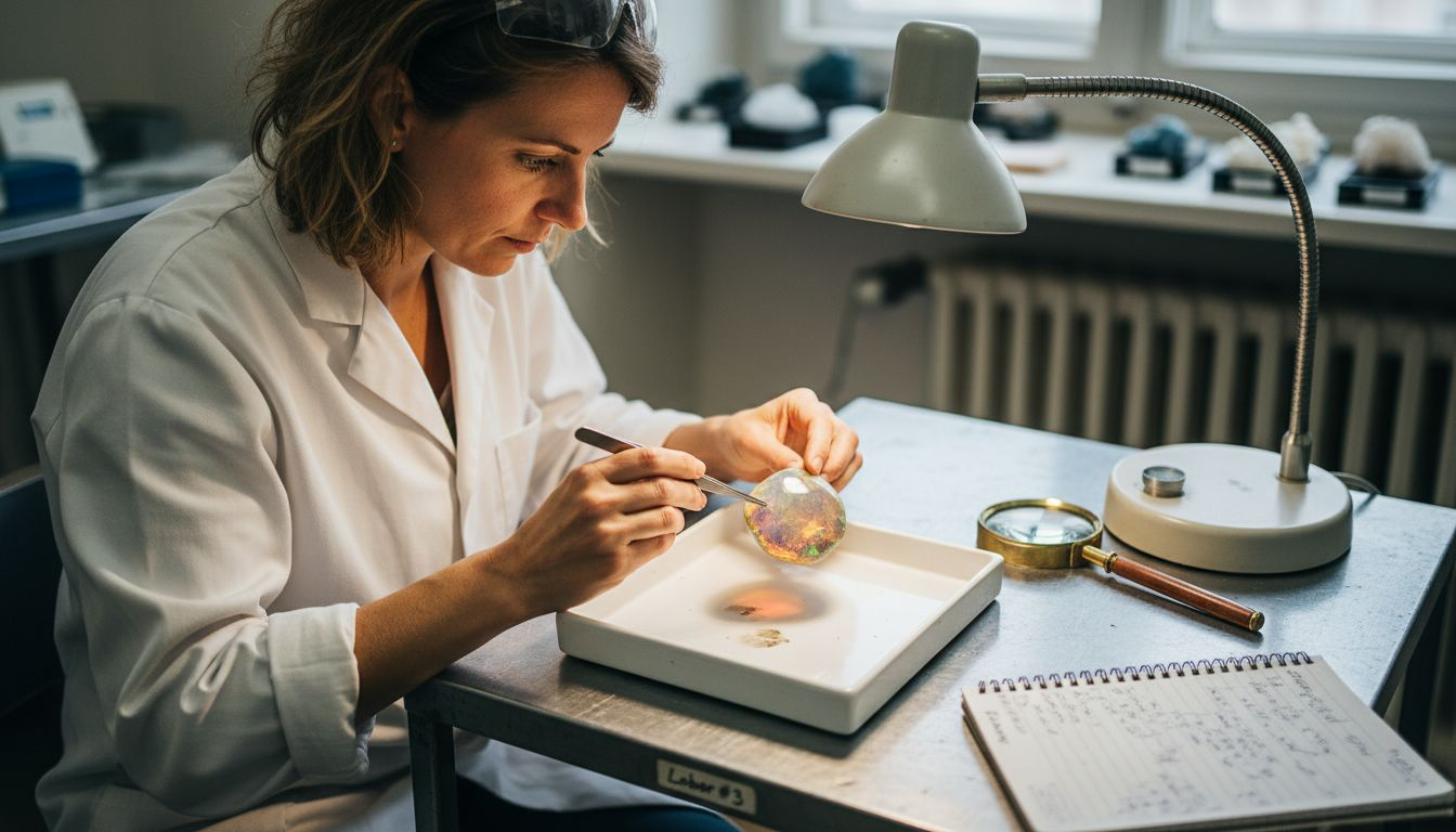 Ein Edelsteinexperte prüft sorgfältig die Qualitätsmerkmale eines Opals.