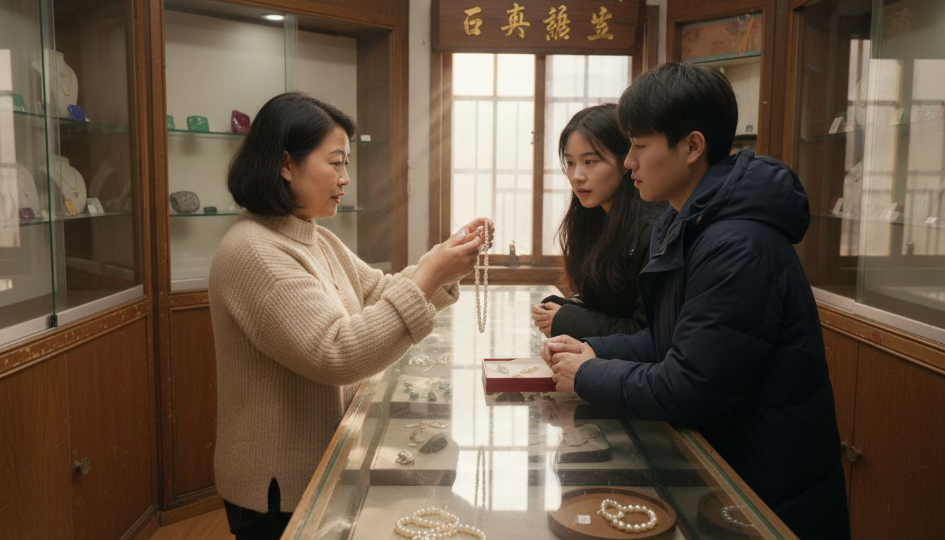 店主亲自讲解并演示欧泊项链的制作和特色,让顾客近距离感受珠宝的独特魅力。