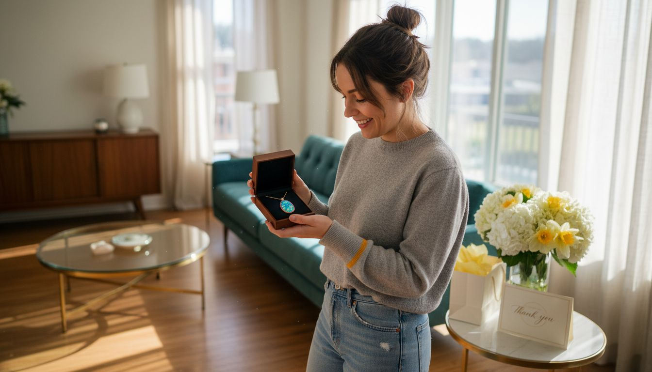 Woman presenting opal jewelry gift in living room