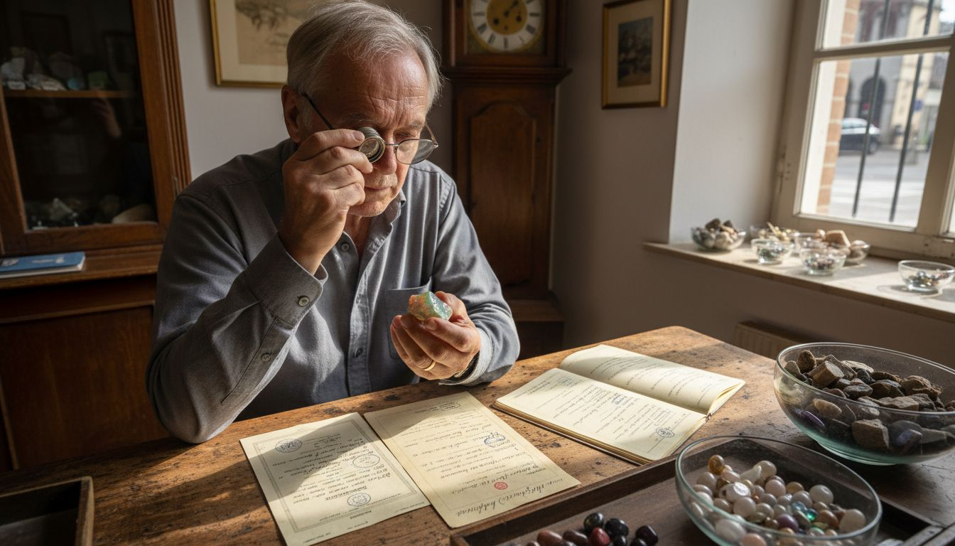 Ein Edelsteinhändler begutachtet einen Opal und überprüft die zugehörigen Echtheitszertifikate.