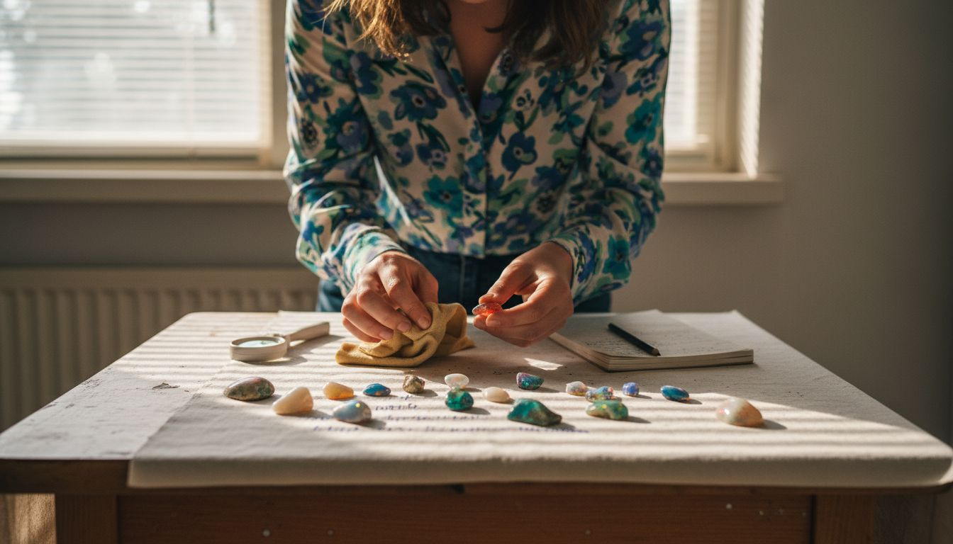 Am Küchentisch prüft eine Frau sorgfältig die Qualität verschiedener Opale.