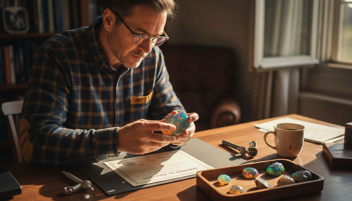 Opal collector examining gemstone at desk