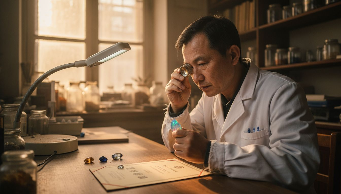 宝石鉴定师正在核查欧泊鉴定证书的真伪。