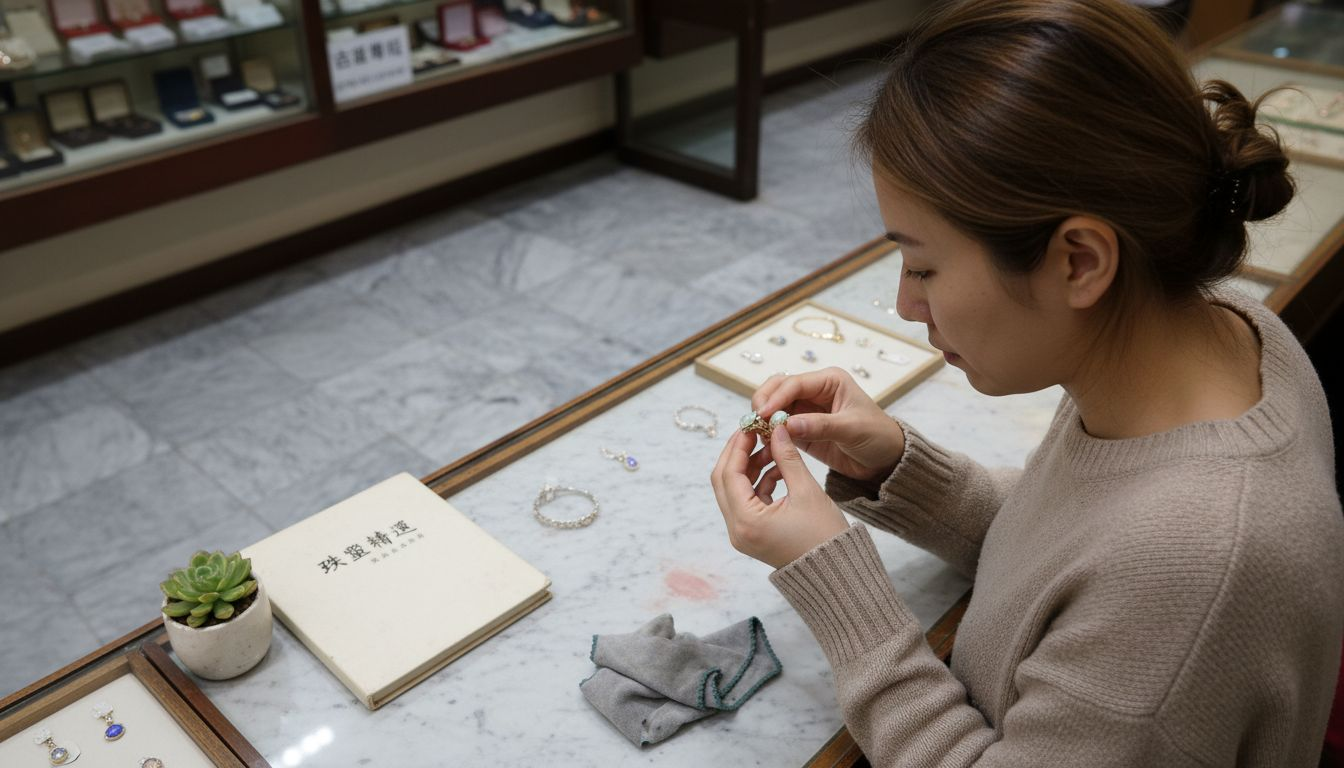 一位女士在珠宝柜台细心挑选和对比不同的欧泊戒指。