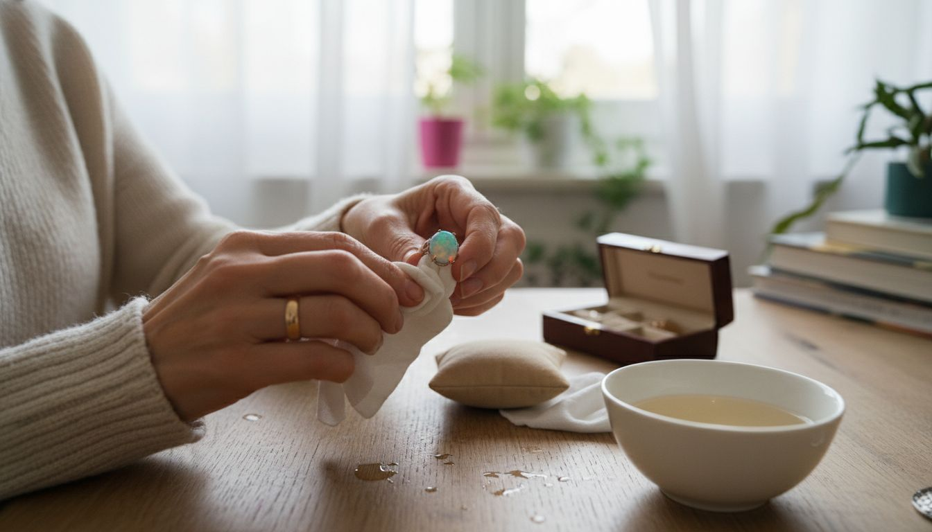 Une femme prend soin de nettoyer délicatement sa bague ornée d’une opale, posée sur la table.
