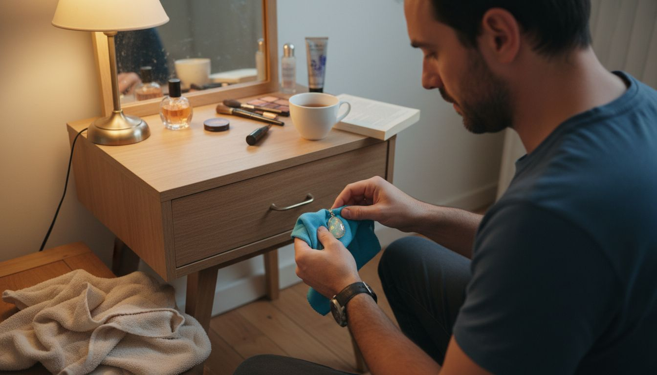 Un homme essuie délicatement son pendentif en opale à l’aide d’un chiffon doux.