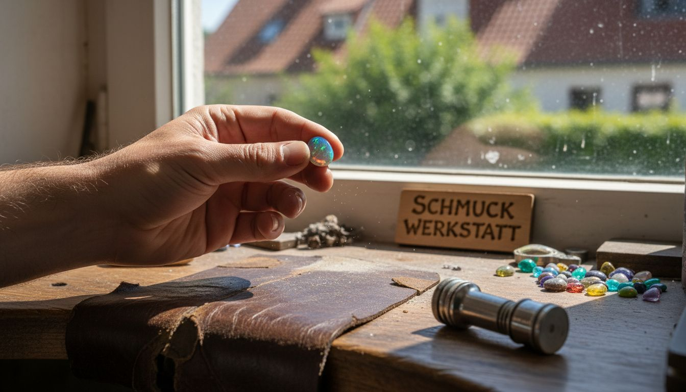 Eine Hand hält einen Opal ins Sonnenlicht am Fenster.