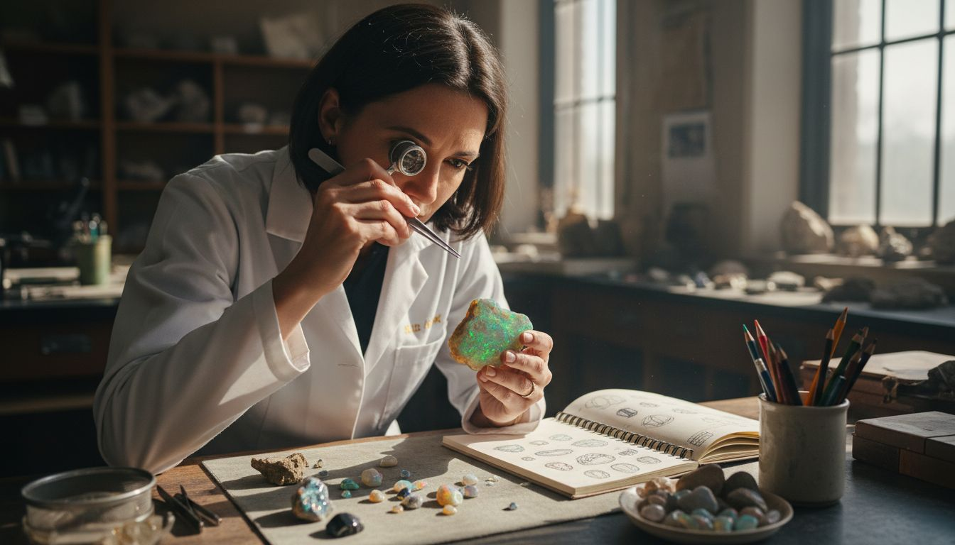 Gemologist examining Australian opal color