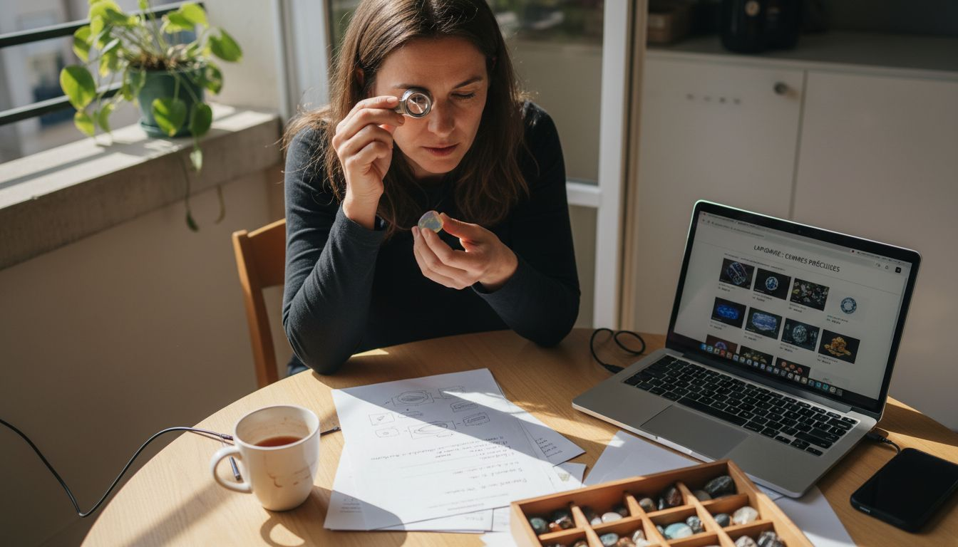 Une femme passe commande d’une opale en ligne, installée confortablement à sa table.