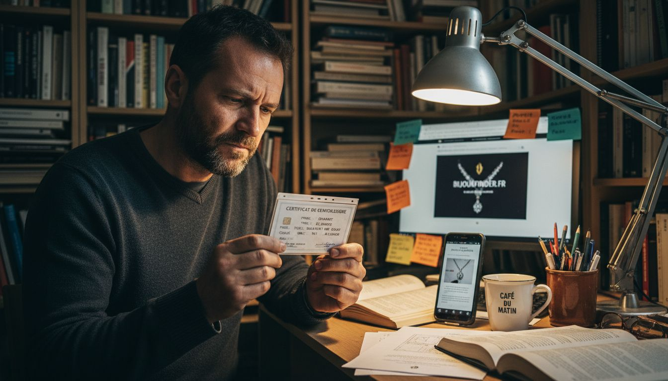 Un homme examine attentivement le certificat d’authenticité d’une opale.
