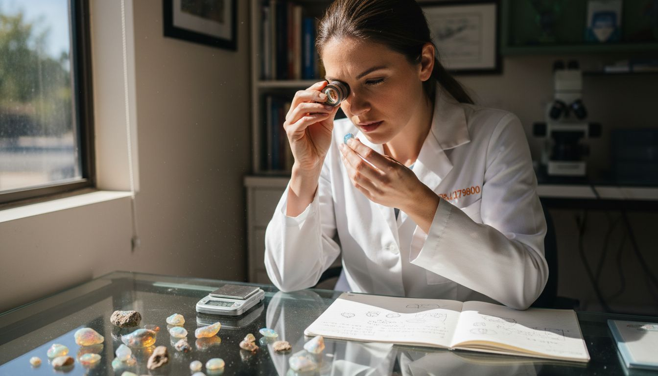 Gemologist examining opal gemstone for luster