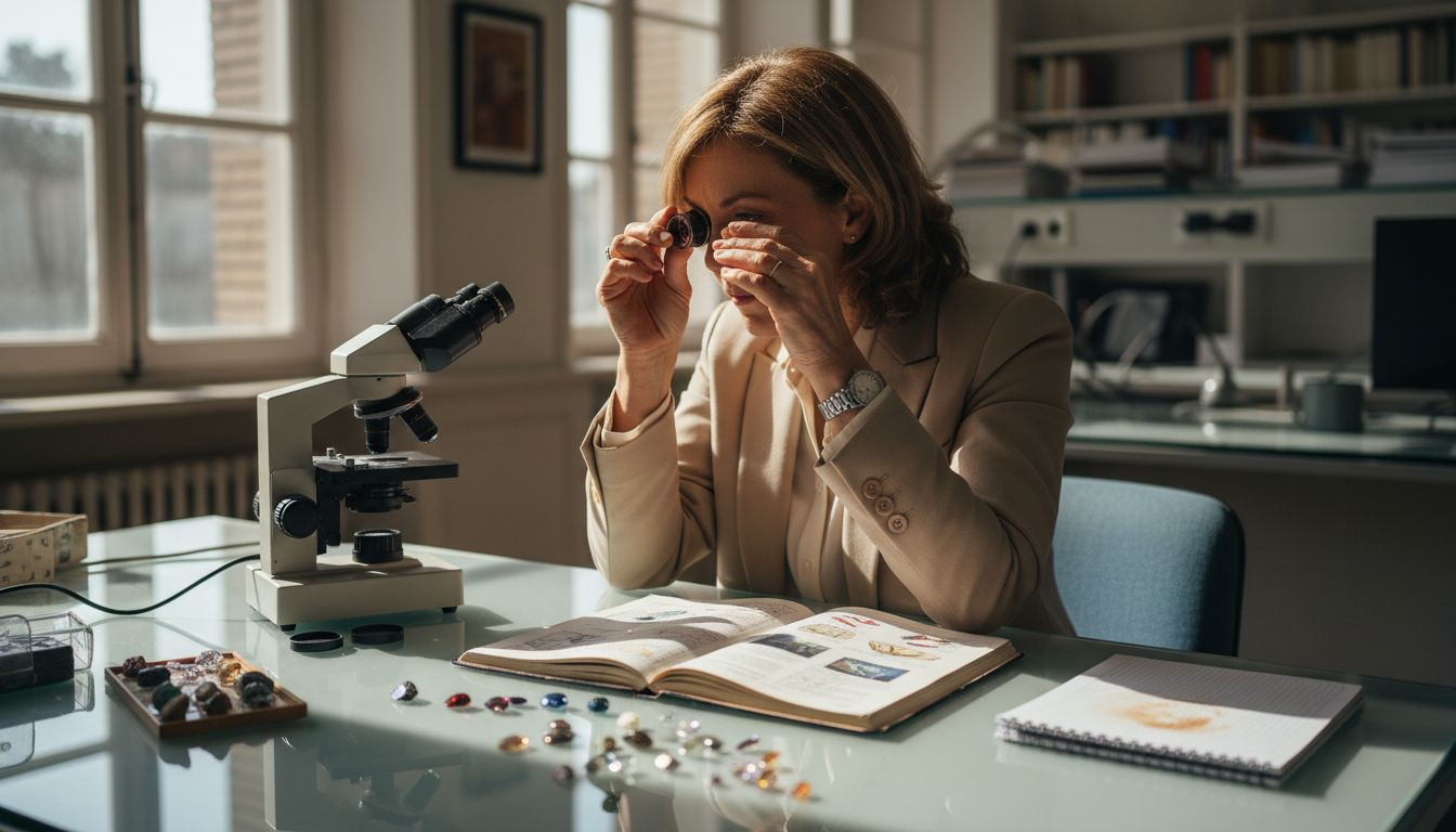 Un gemmologue observe attentivement une opale sous la lumière éclatante de son laboratoire.