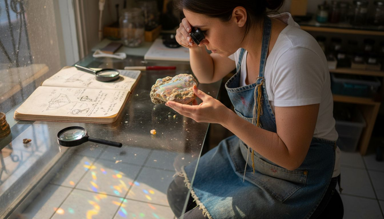 Woman examines opal matrix stone at desk