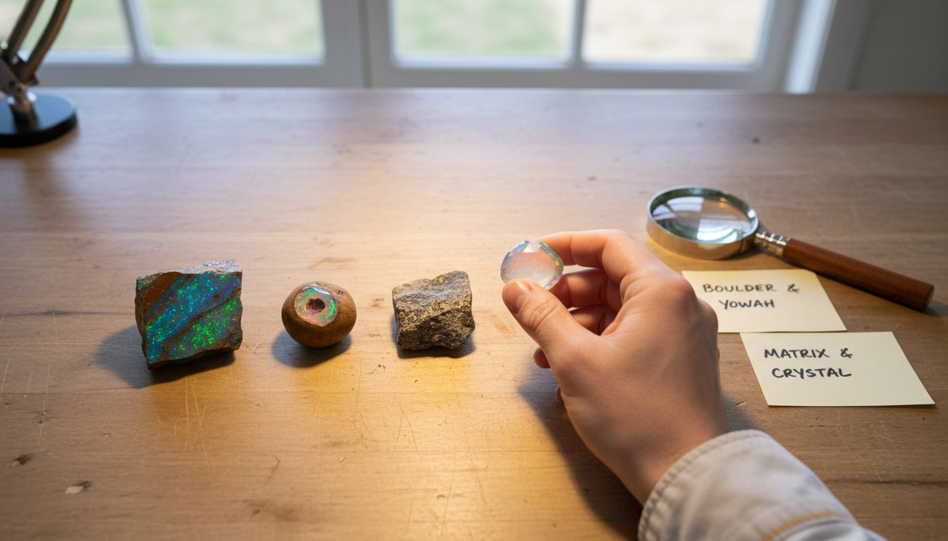 Different Queensland opals on table