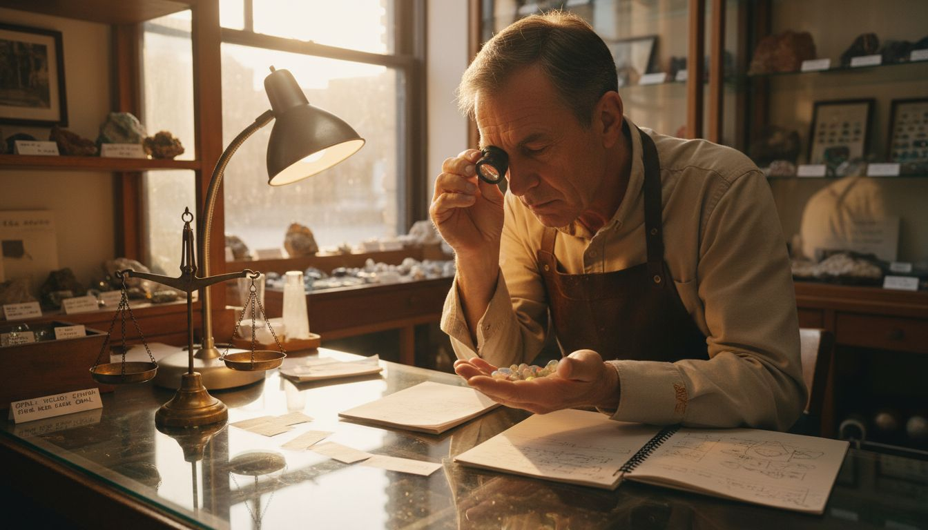Gemstone appraiser evaluating opals at workbench