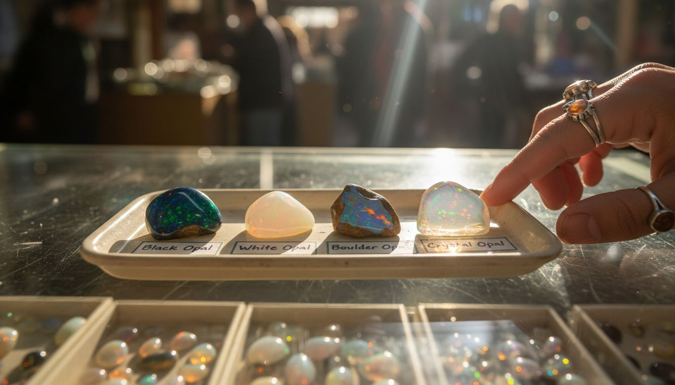 Four opal types labeled on display tray