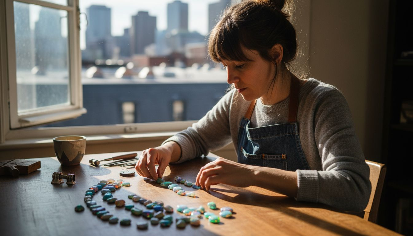 Jeweler inspecting opal gemstones on table