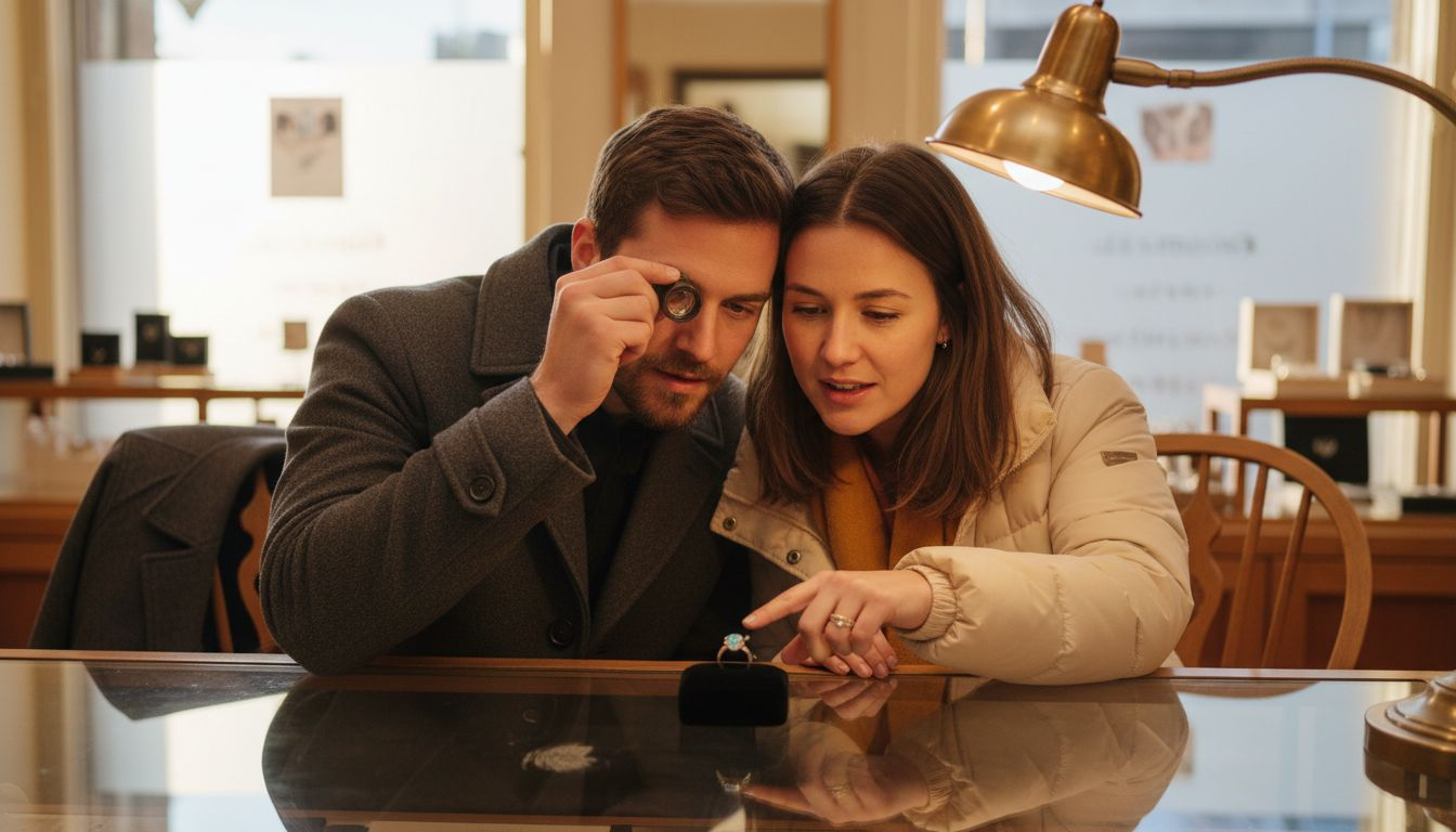Couple examining colorful opal ring