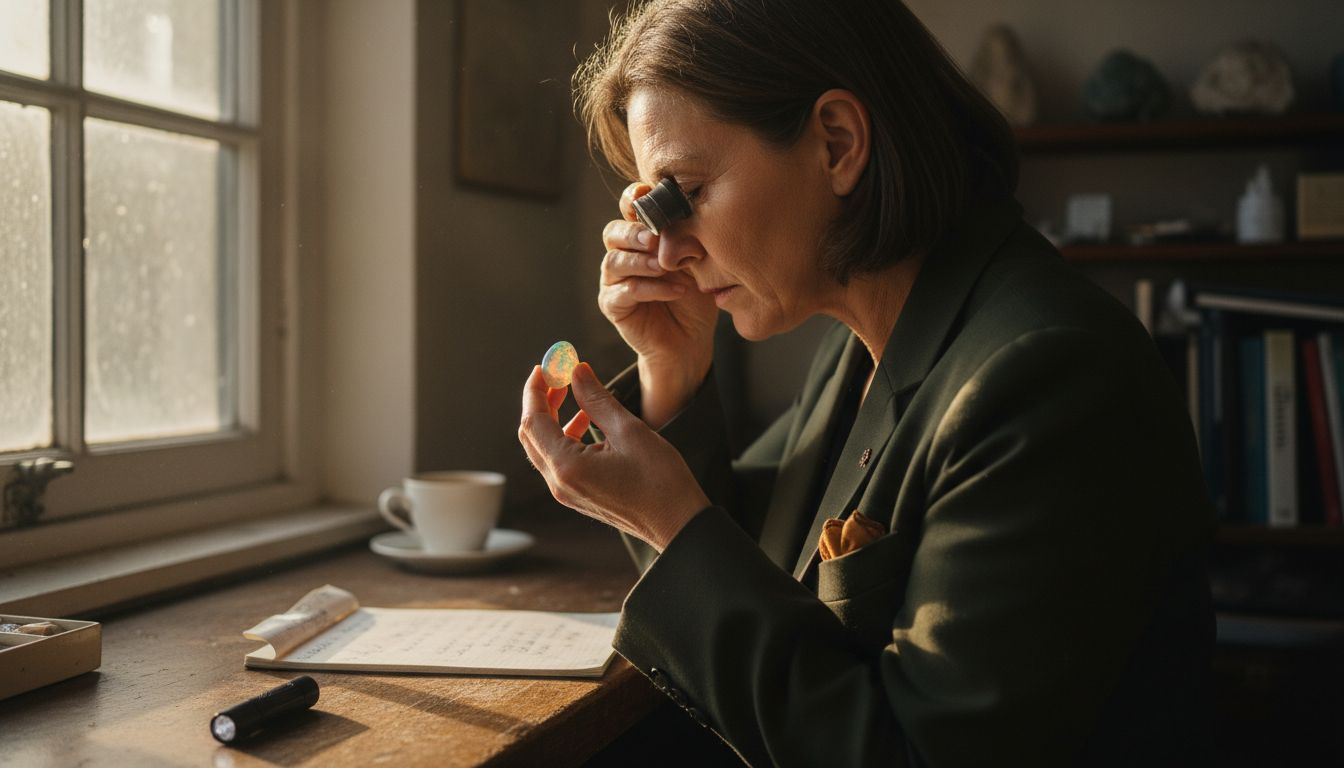 Gemologist inspecting opal gemstone at desk