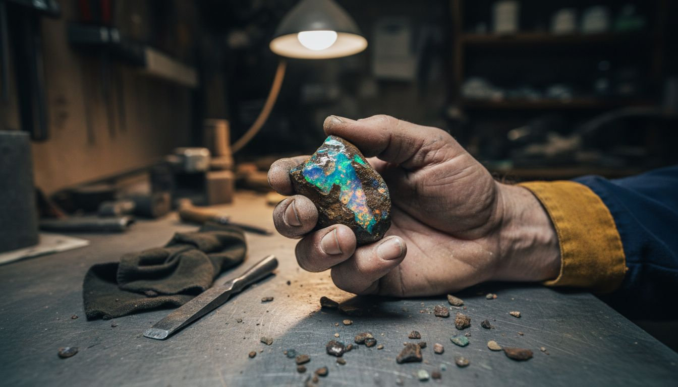 Miner holding raw boulder opal in workshop