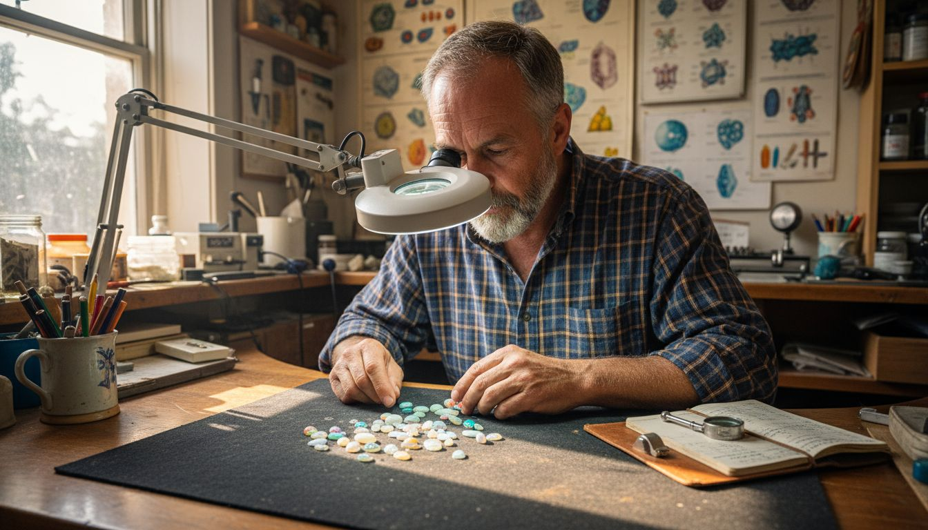 Gemologist evaluating opal stones at his desk