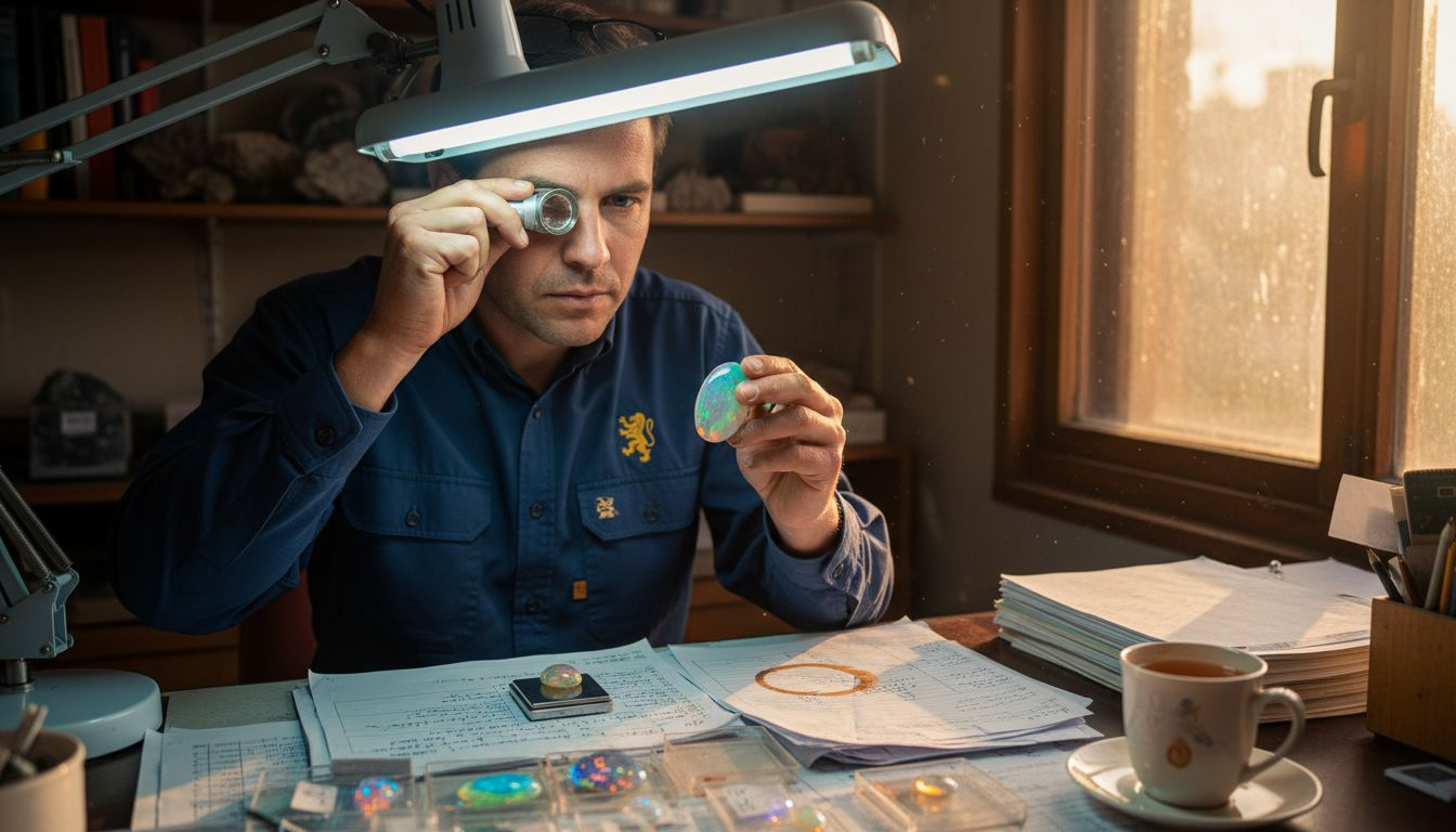 Gemologist closely inspecting opal gemstone