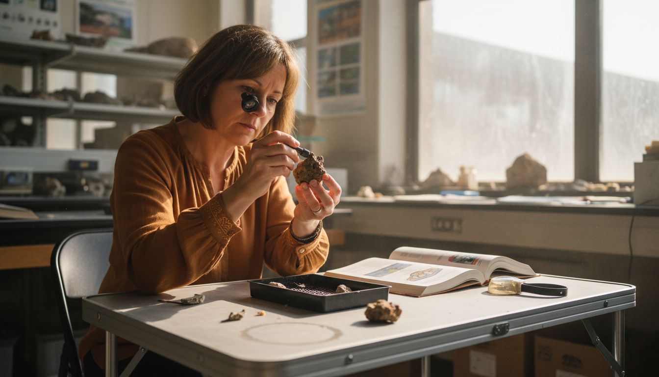 Woman analyzing opal within host rock matrix