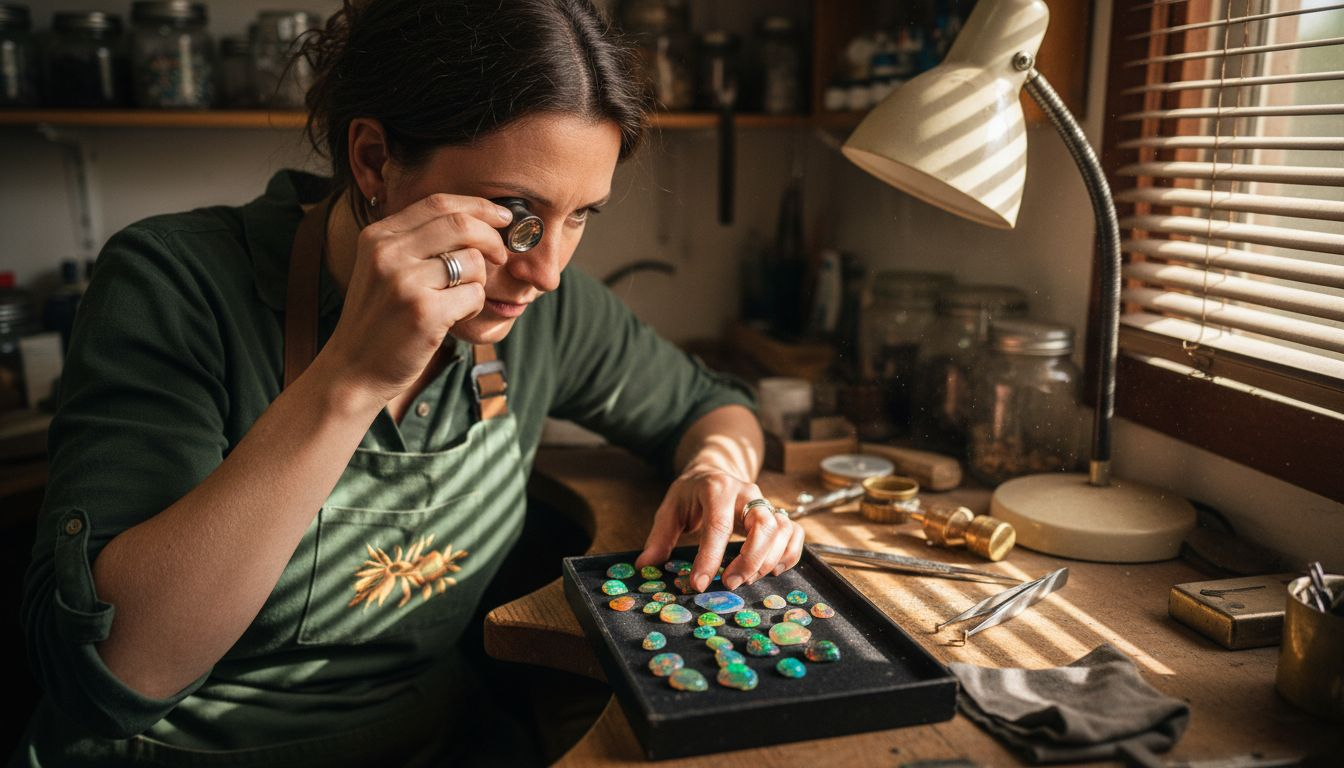 Jeweler inspecting various Lightning Ridge opals