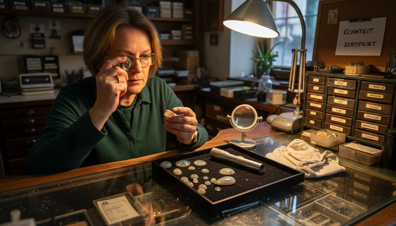 Ein Edelsteinexperte begutachtet am Schreibtisch sorgfältig verschiedene Opale.
