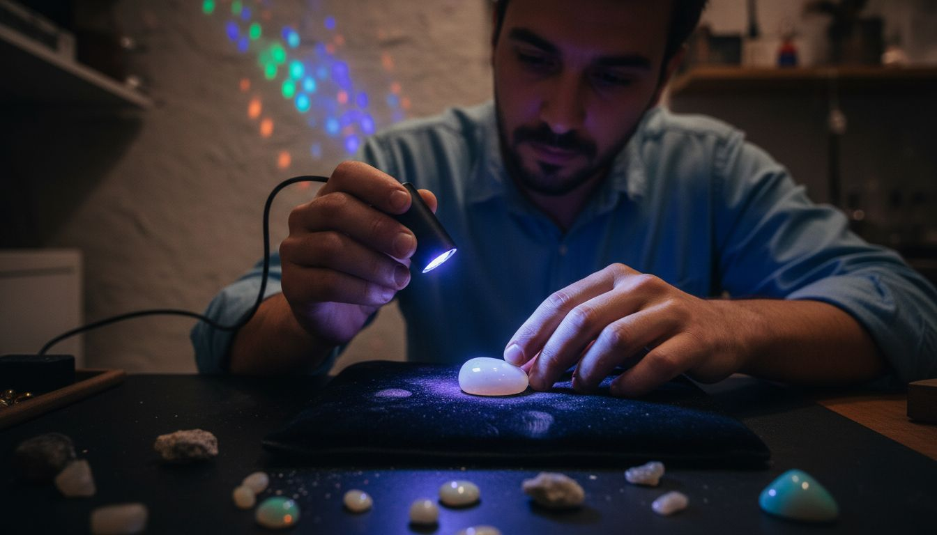 Ein Opal erstrahlt geheimnisvoll im Licht einer UV-Handlampe.