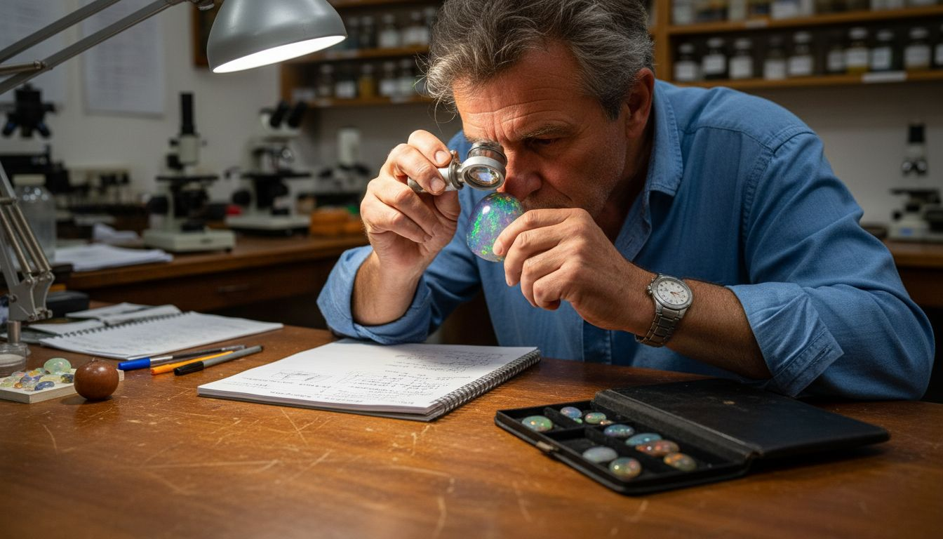 Un expert en gemmologie examine attentivement une opale rare provenant d’Australie.