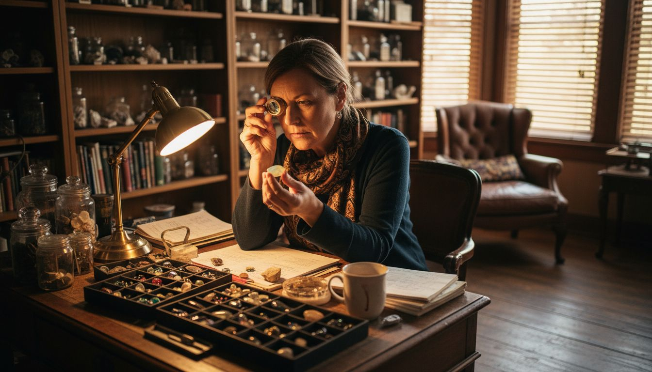 Collector inspecting opal at desk