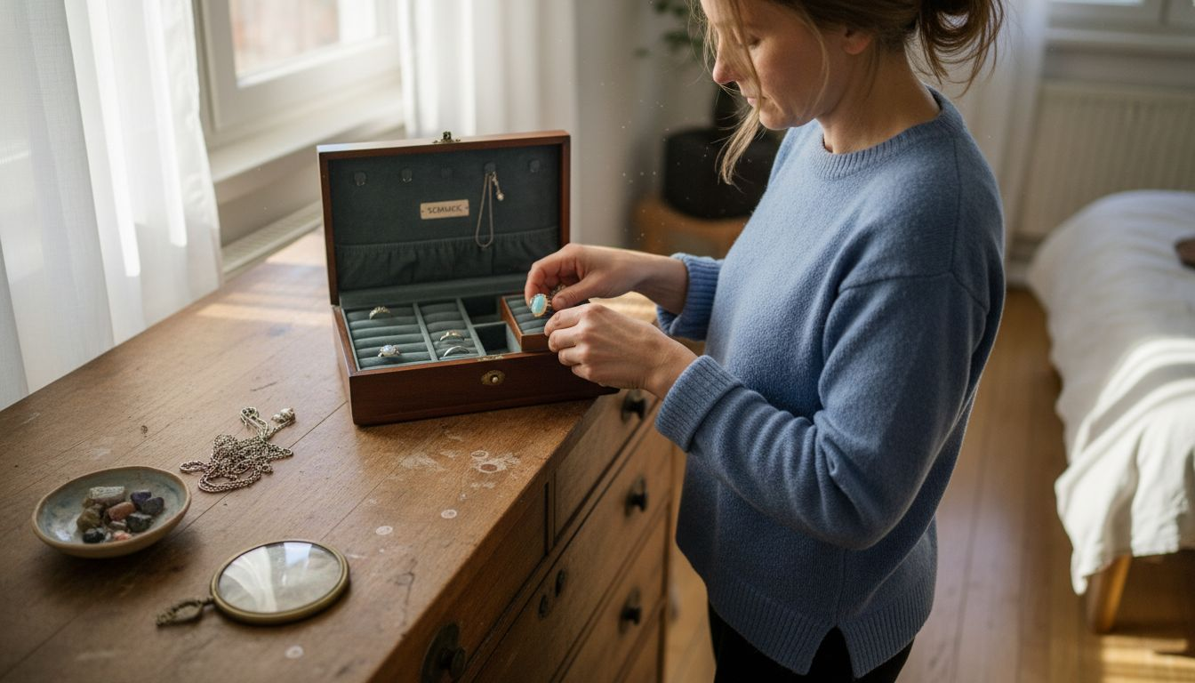 Eine Frau bewahrt ihren Opalschmuck in einer Schmuckschatulle im Schlafzimmer auf.