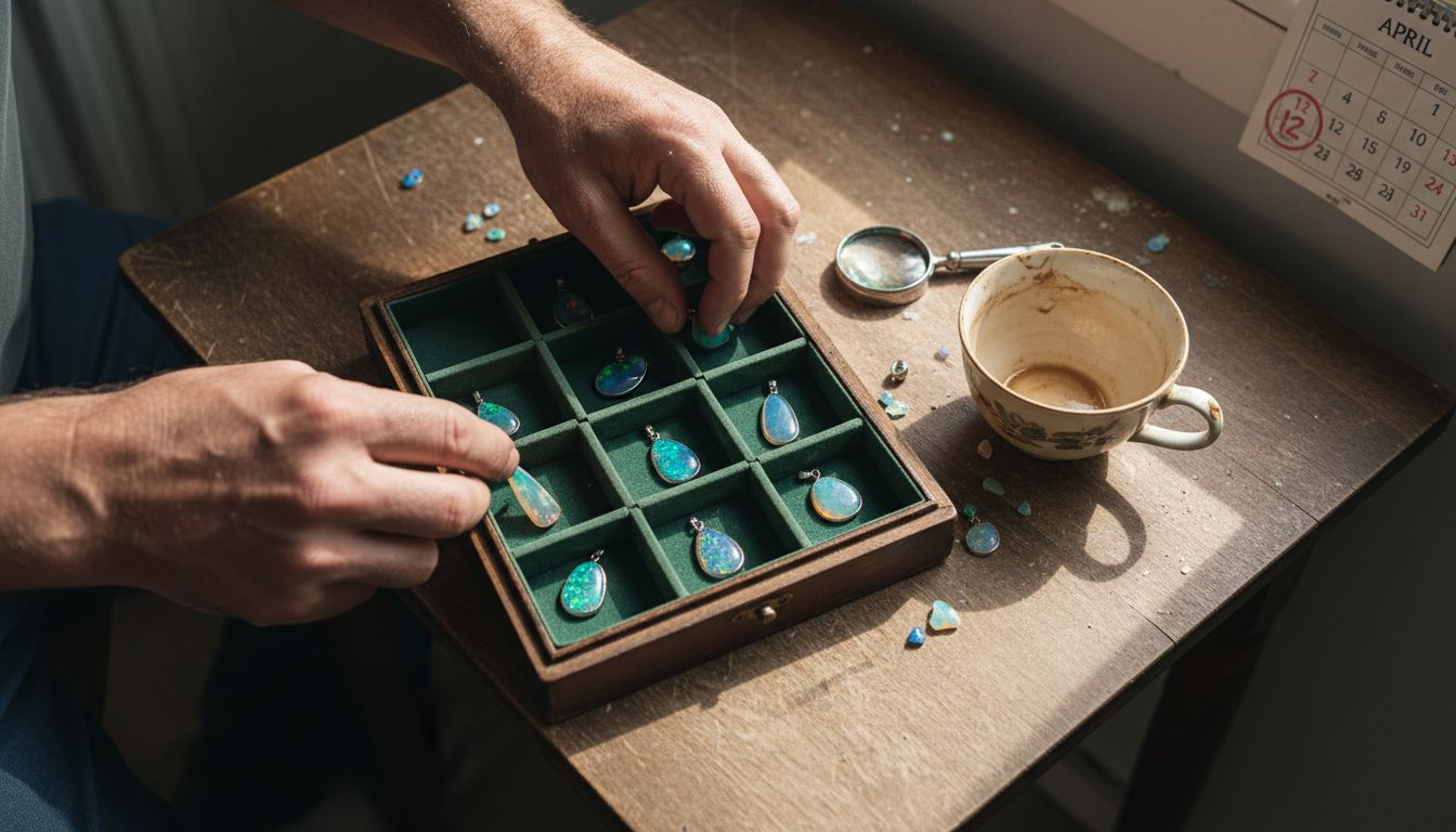 Mit geschickten Händen werden Opal-Anhänger sorgfältig in einer Schmuckschatulle arrangiert.